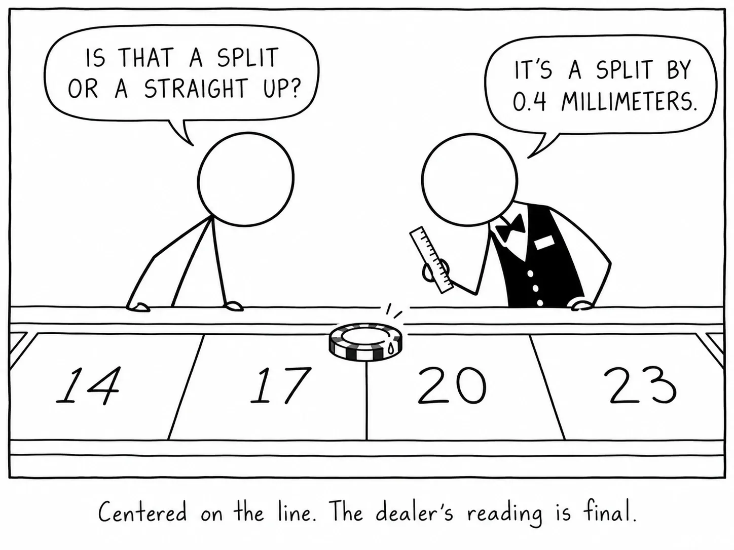 Nakasentro sa linya. Pangwakas ang pasya ng croupier.